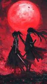 Twin blade shadows argue with the burning blood moon