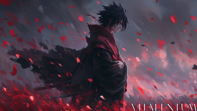 Solitary warrior walks through a storm of crimson petals