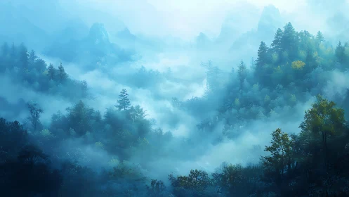 Misty Forest Valley with Mountain Peaks Through Ethereal Haze