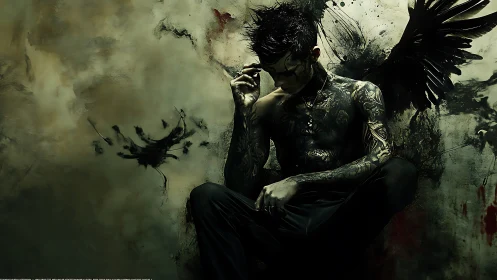 Dark winged man with tattoos in grunge abstract space.
