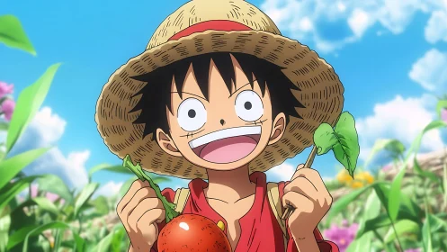 Smiling boy in straw hat holding fruit in green field.