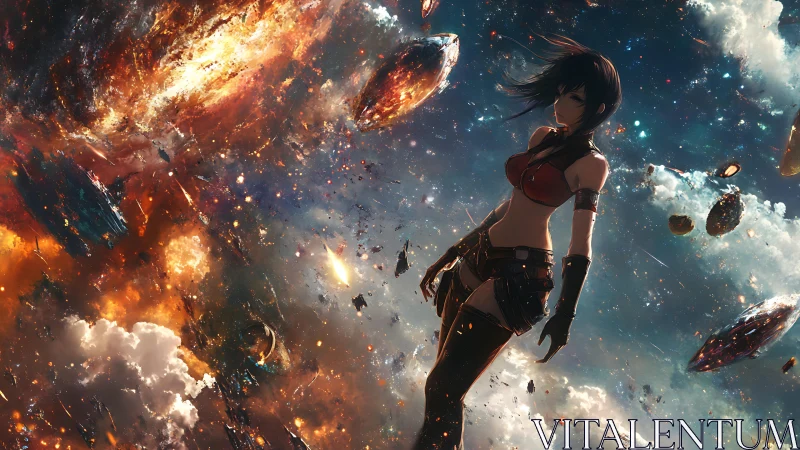 Starlit warrior calmly surveys a swirling cosmic battlefield