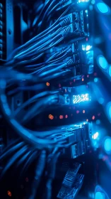 Data center Ethernet cabling under cool blue LED illumination.
