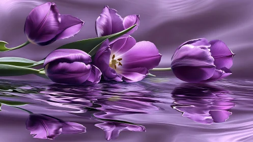 Purple Tulips Floating Over Water Surface Reflections.