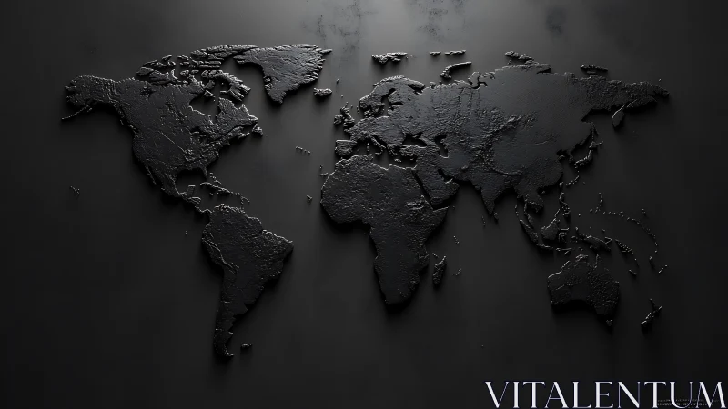 Textured black world map emerging from matte shadowed wall.