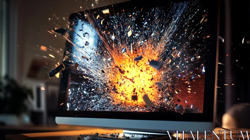 Exploding monitor screen with dramatic fiery blast effect.