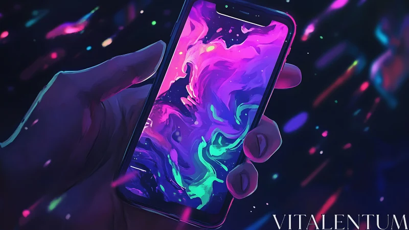 Neon liquid galaxy swirling across smartphone screen.