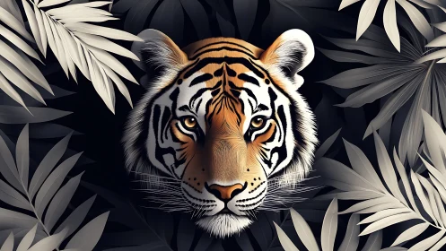 Tiger face emerging from dark jungle leaves at night.