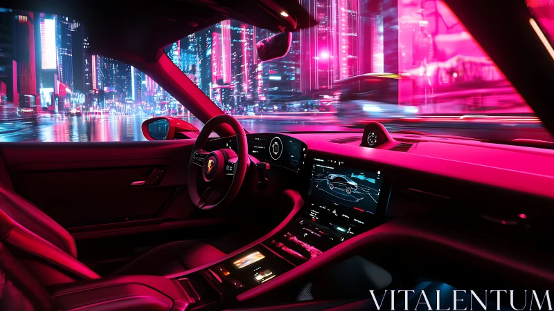 Futuristic sports car cockpit glows in neon cyber city night