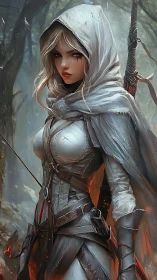 Hooded female ranger in fitted armor within forest setting.
