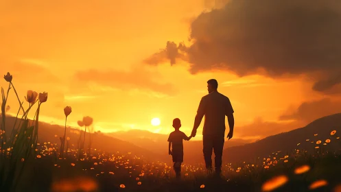 Sunlit footsteps of father and child across glowing meadow.