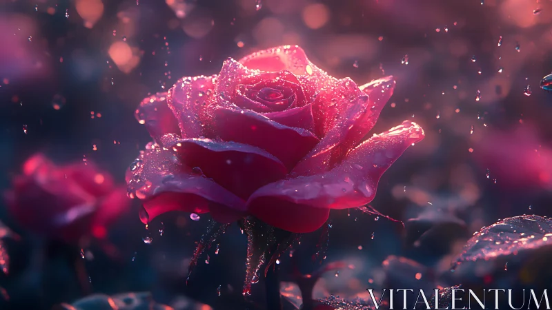 Luminescent Rose with Crystalline Moisture Coating and Bokeh Particle Dispersion