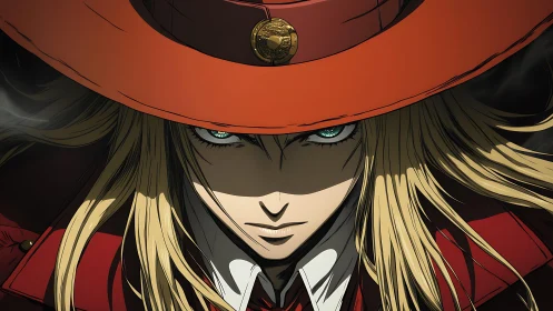 Intense anime gunslinger portrait under wide crimson hat