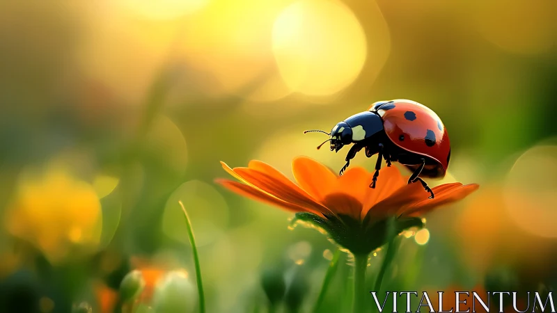 Ladybug on orange flower in warm sunset light.
