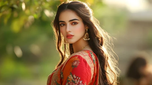 Woman in traditional attire outdoors at golden hour light.