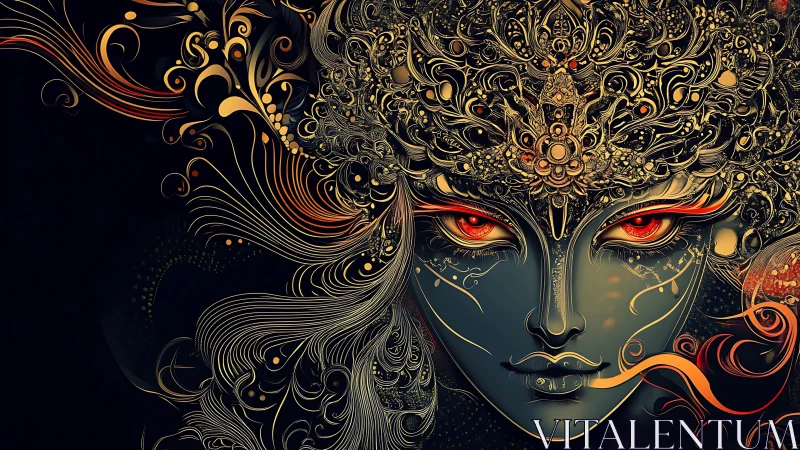 Mythic goddess portrait in ornate gold filigree mask design.