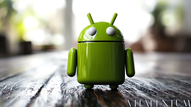 Shiny green android mascot standing proud on rustic wood.