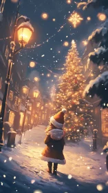 Child in red coat gazes at glowing Christmas street tree.