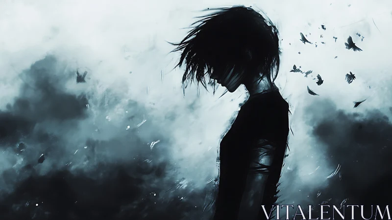 Silhouetted dreamer dissolves into storm-tossed midnight birds