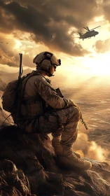 Combat soldier overlooks valley under cinematic sunset light.