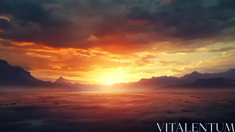 Low-angle desert sunset with volumetric clouds and rim-lit mesas