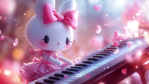 Cartoon rabbit figurine at piano in pink decorative scene.