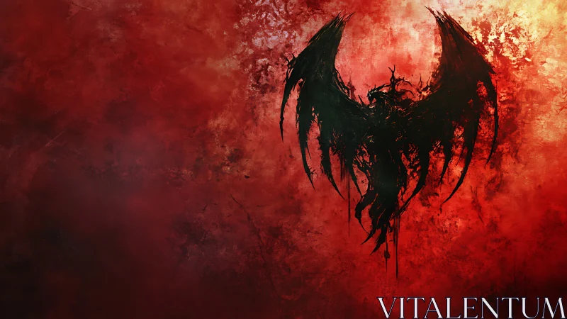 Abstract winged black silhouette on textured red field.