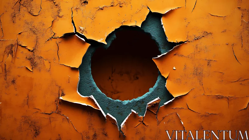 Large hole in cracked orange wall, close-up abstract texture.