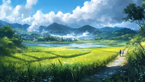 Rice fields, distant mountains and rural walking path.