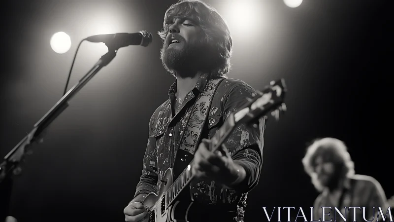 Monochrome rock guitarist in mid-song under stage backlights