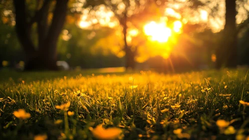 Golden sunset light across meadow grass and flowers.