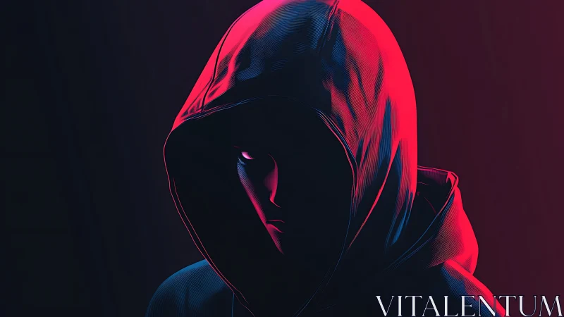 Hooded figure in red and blue neon shadowed portrait.