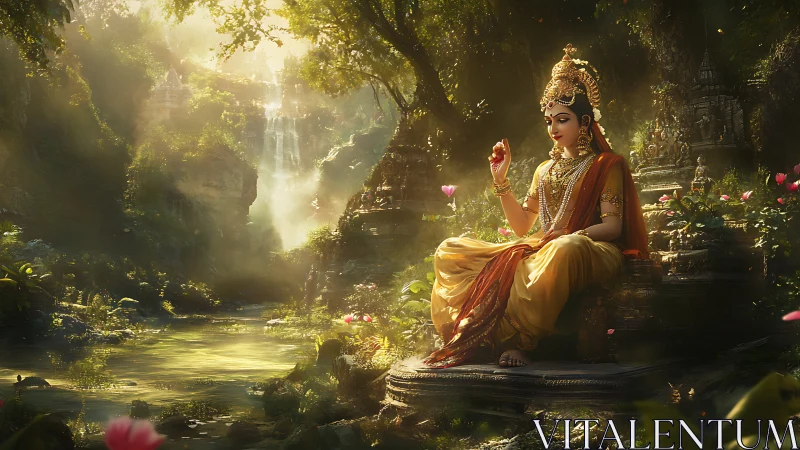 Golden goddess resting by a sunlit forest waterfall.