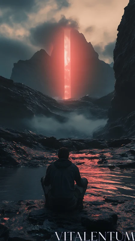 Lone figure watches glowing monolith ignite a misty ravine