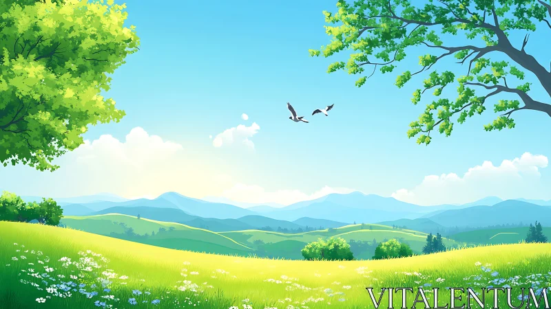 Sunlit hills hum softly while birds script the morning sky