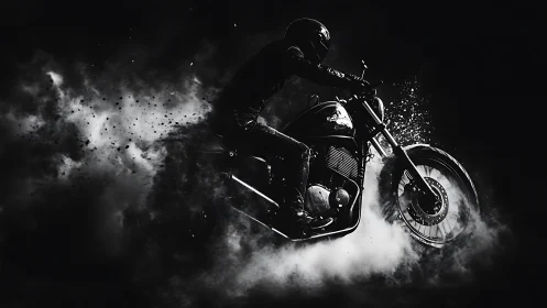 Storm-chasing biker erupts through midnight smoke and sparks.