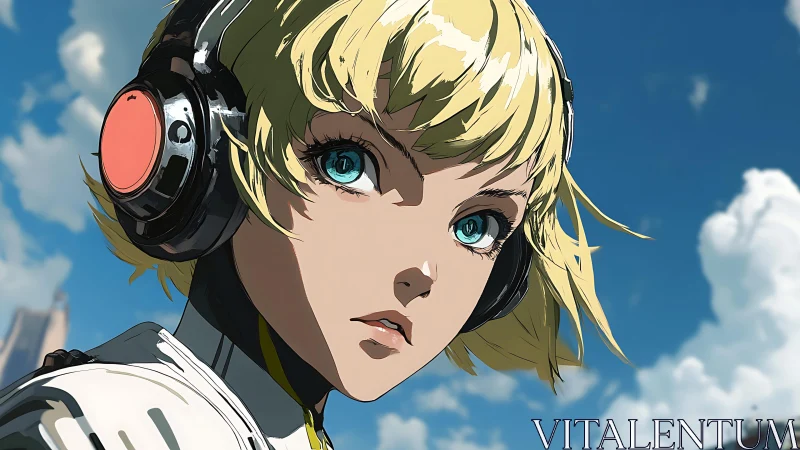 Skybound android girl with headphones in cel-shaded light.