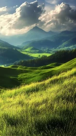 Layered green valleys under volumetric clouds and backlit peak