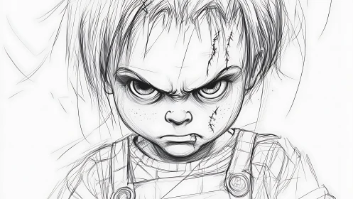 Angry scarred child character rendered as rough ink sketch