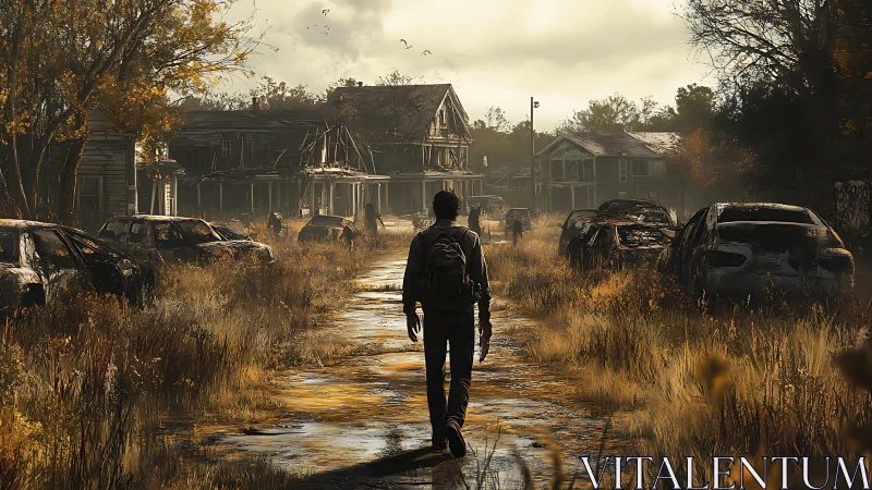 Solitary figure walks through abandoned suburban street