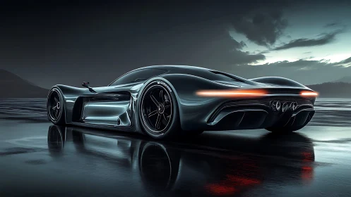 Futuristic hypercar glides across a wet night runway.