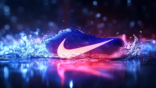 Sleek neon sneaker splashing through glowing city puddles.