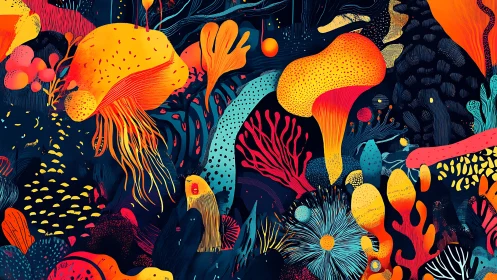 Chromatic bioluminescent reefscape in dense vector detail.