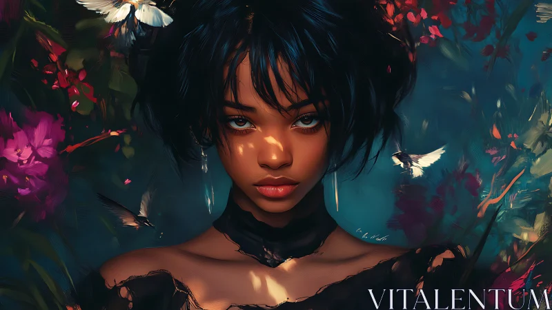 Digital portrait of a woman amid florals in cinematic light