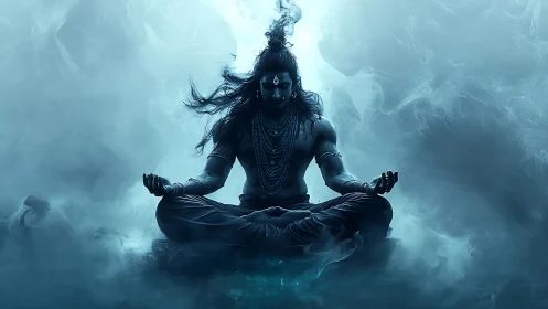Stormforged yogi in midnight trance above whispering mist.