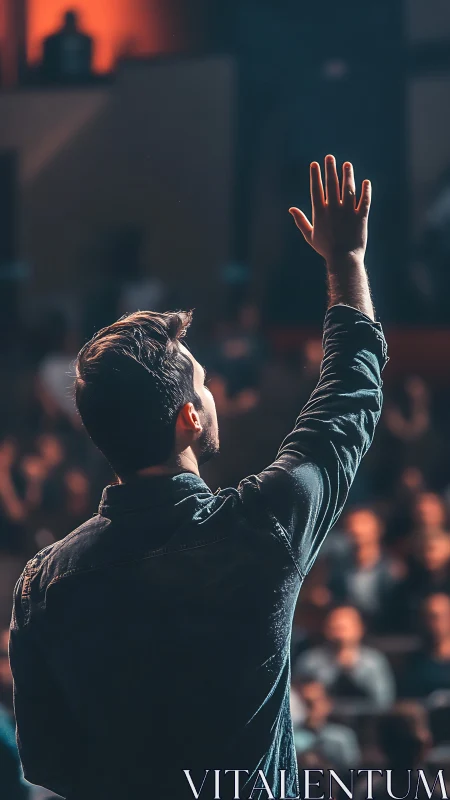 Backlit speaker raises hand before blurred audience crowd.