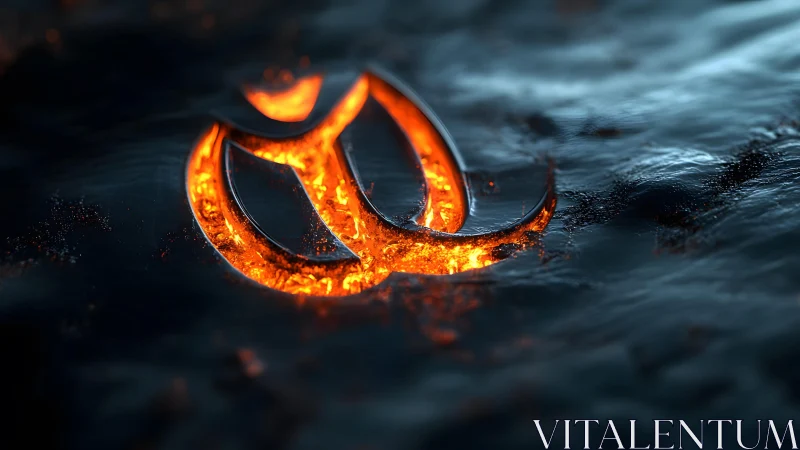Glowing Abstract Symbol in Molten Lava on Dark Metallic Surface.