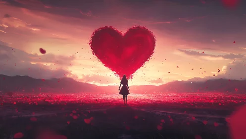 Woman Holds Luminous Red Heart Against Sunset Sky