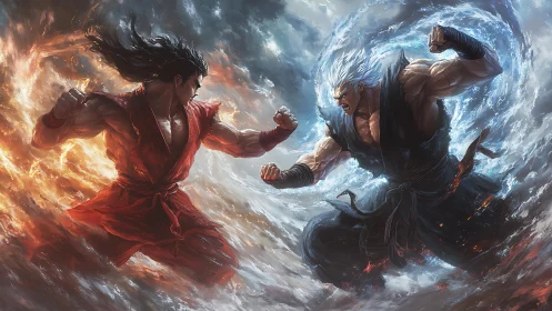 Elemental warriors collide as fire and ice trade thunderous blows