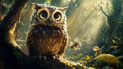 Whimsical owl with large eyes in magical sunlit forest scene.